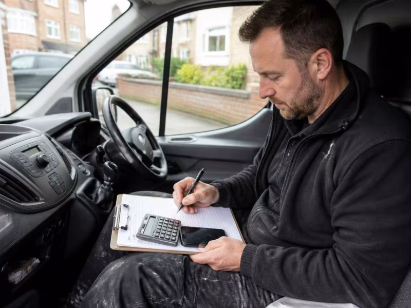 Electrician pricing up an emergency call out on a clipboard in the van